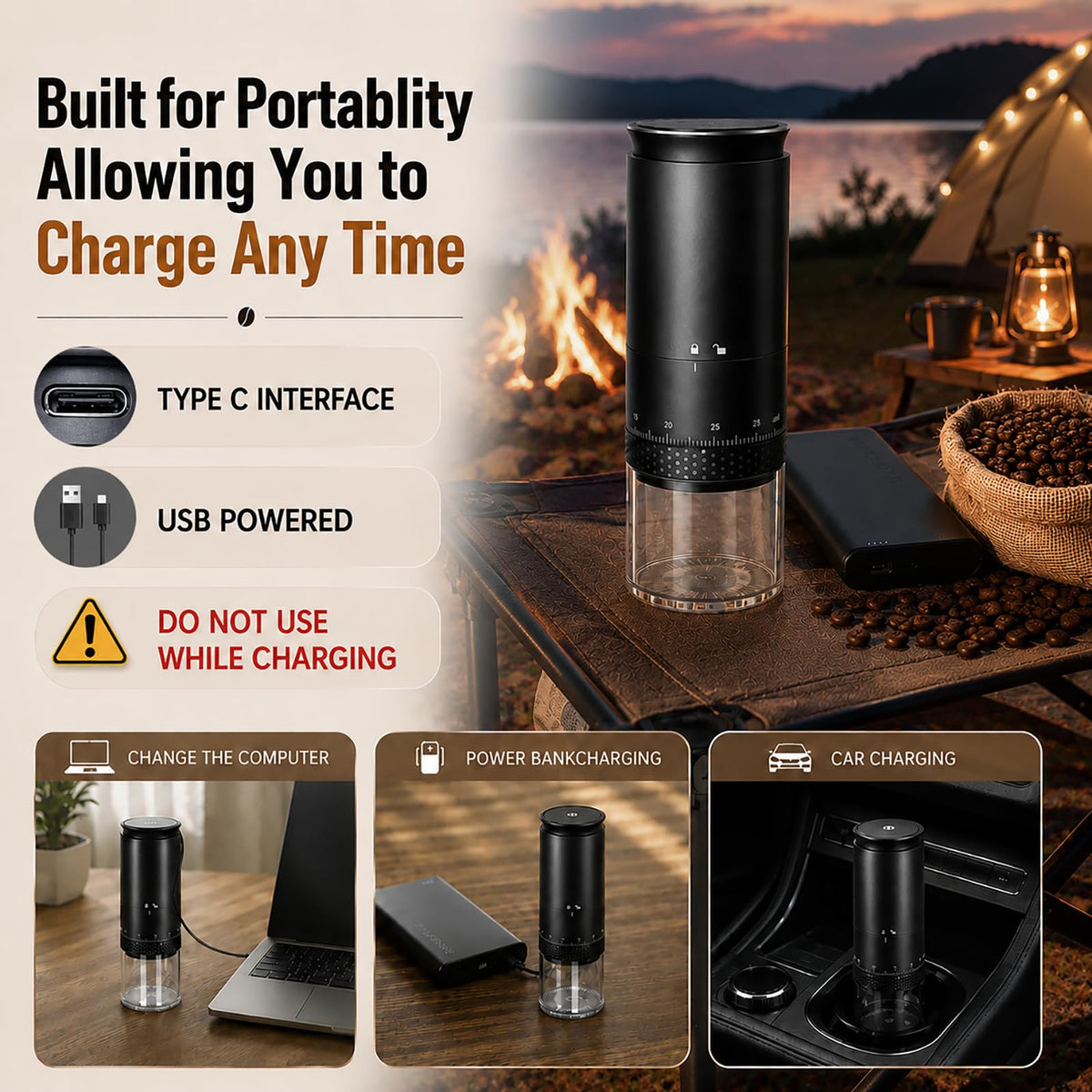 Portable Electric Coffee Grinder, Stainless Steel Conical Mill, USB-C Cordless, 38 Adjustable Grind Settings O11858