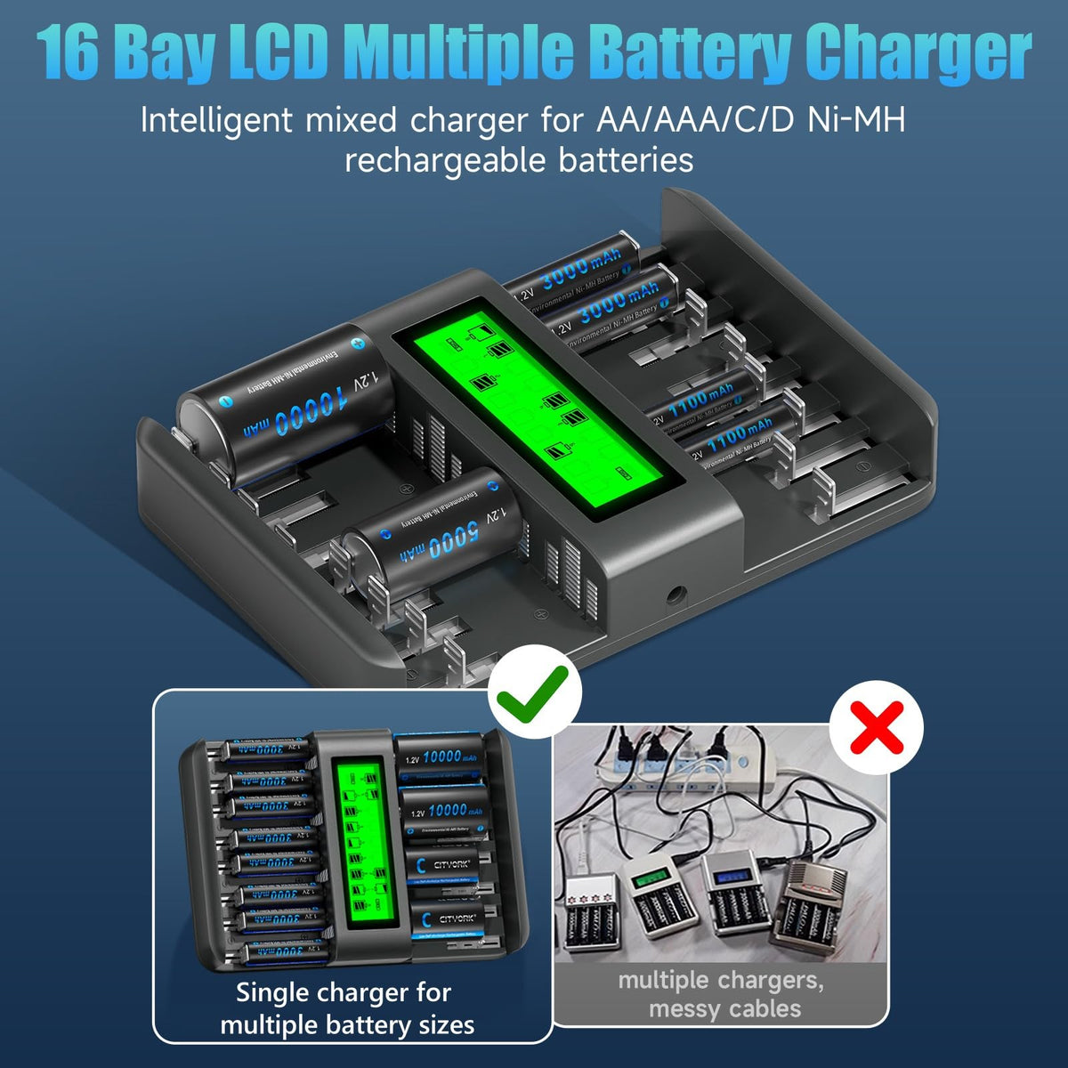 16 Bay Rechargeable Battery Charger with LCD Display P909286