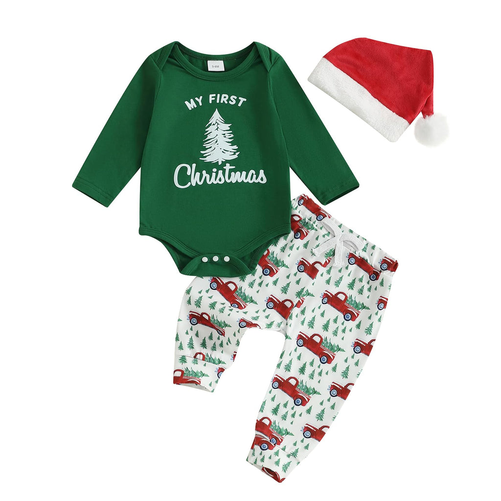 Christmas Baby Boy Long Sleeve Romper Onesie Pants Santa Hat A594