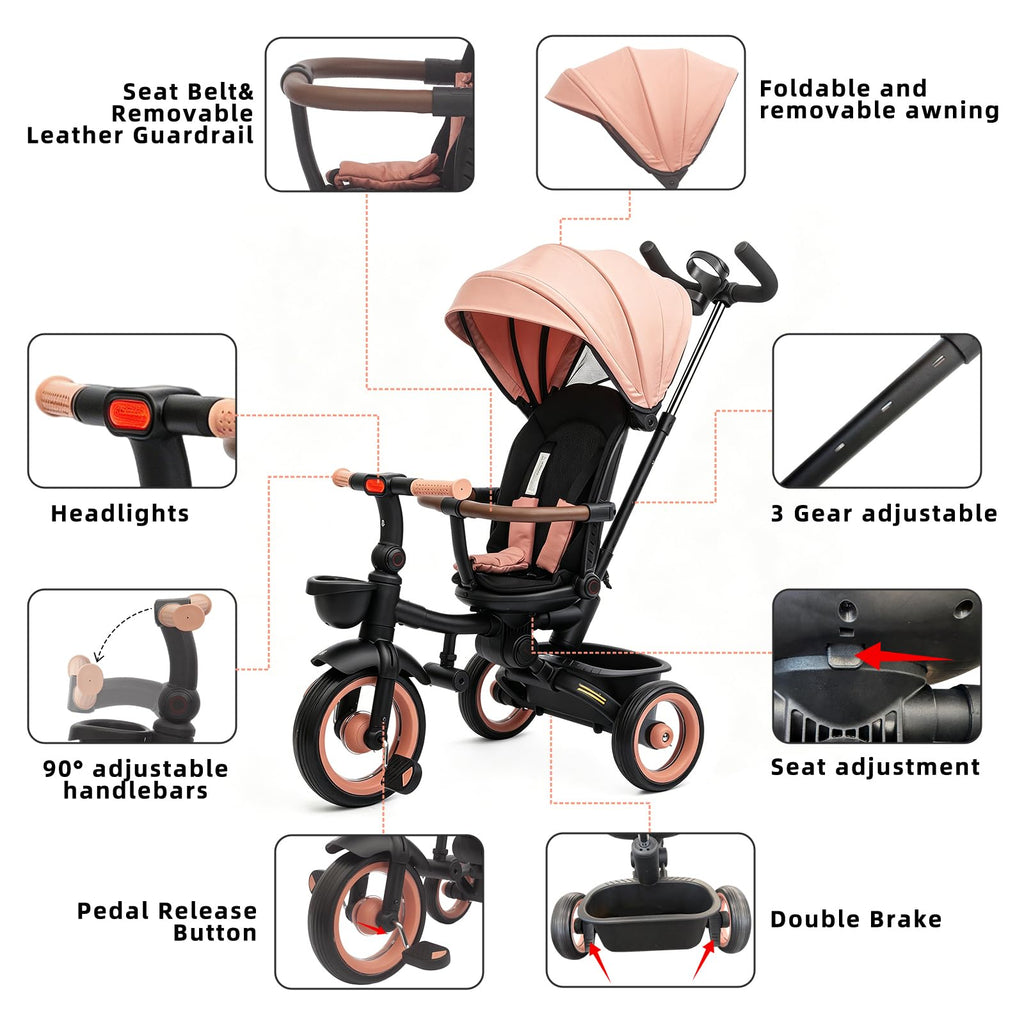 7-in-1 Tricycle Stroller with Push Handle, Rotating Seat, UV-Proof Canopy, Non-Pneumatic Wheels, Dual Brakes and Storage G168