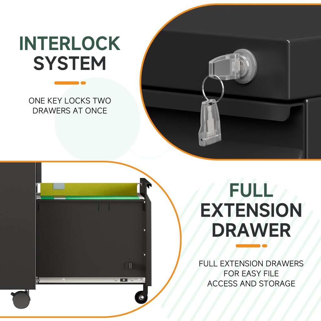 Black 2 Drawer Metal Rolling File Cabinet with Lock H6951