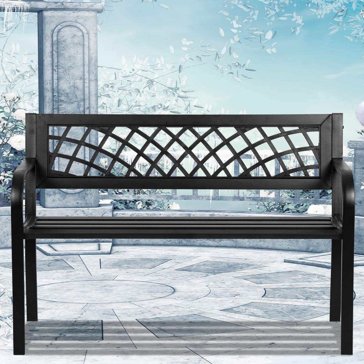 400 lbs Cast Iron Outdoor Bench with Black Checkered Design R672