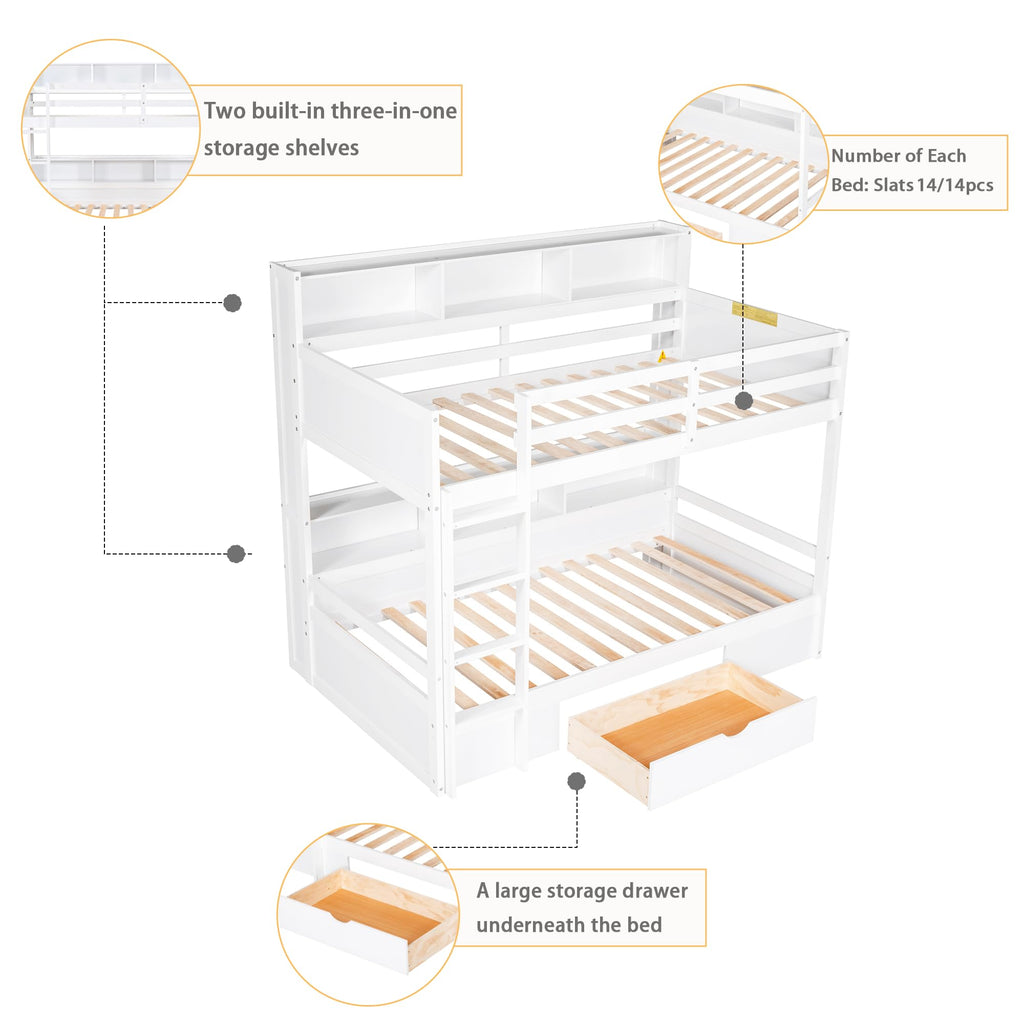 Twin Over Twin Wooden Bunk Bed with Shelves and Storage Drawer L6638