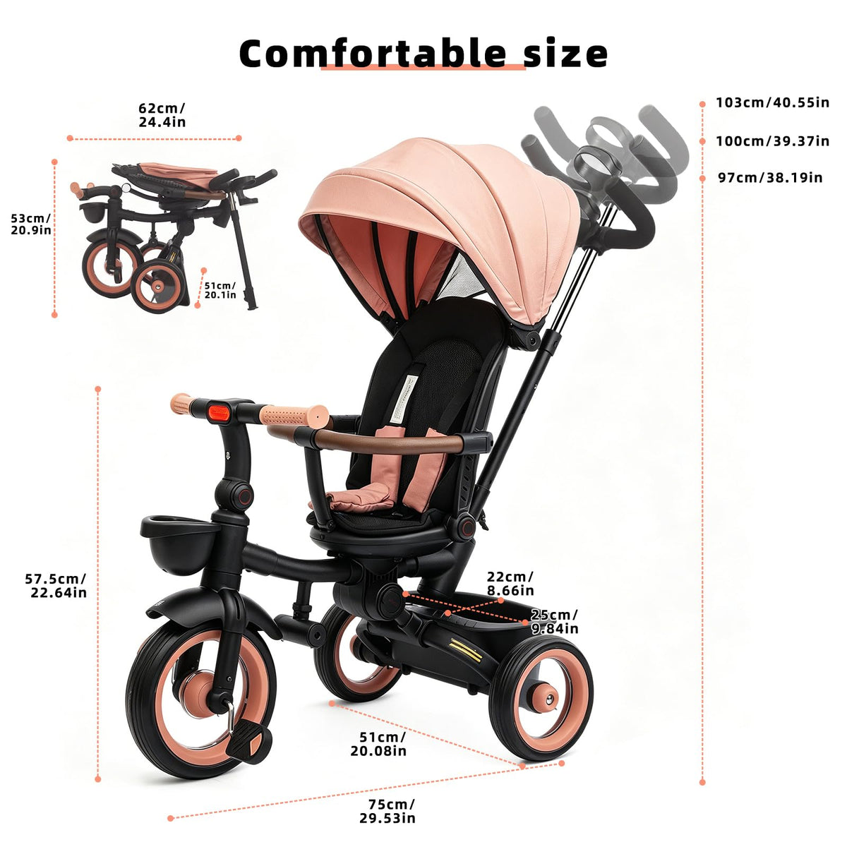 7-in-1 Tricycle Stroller with Push Handle, Rotating Seat, UV-Proof Canopy, Non-Pneumatic Wheels, Dual Brakes and Storage G168