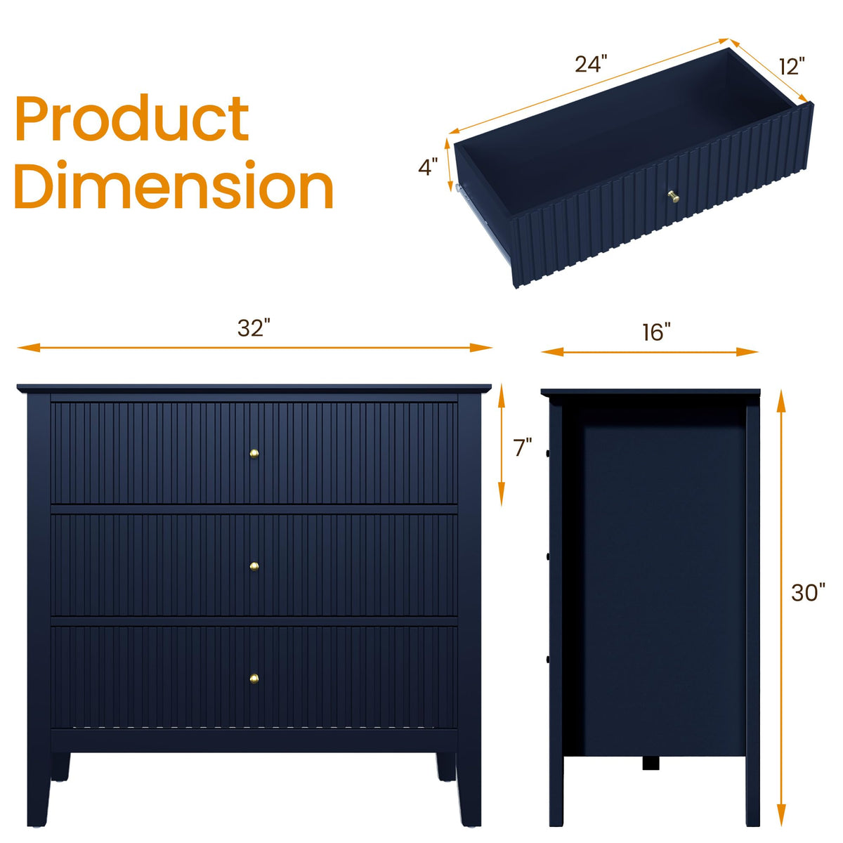32" Blue 3 Drawer Wood Nightstand D303083