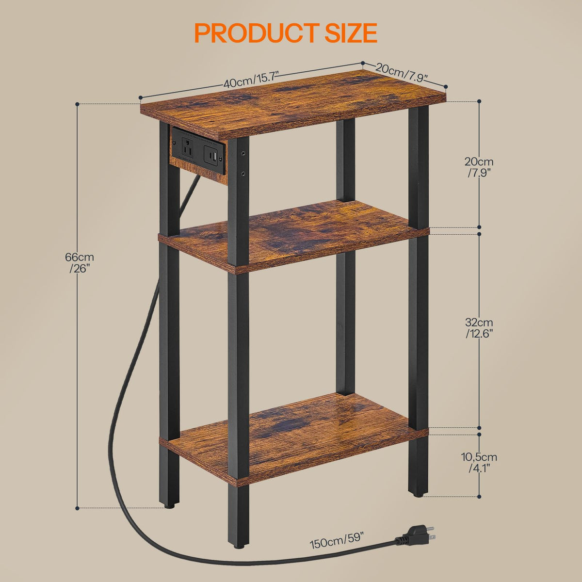 Narrow 3-Tier Side Table with Charging Station E96873