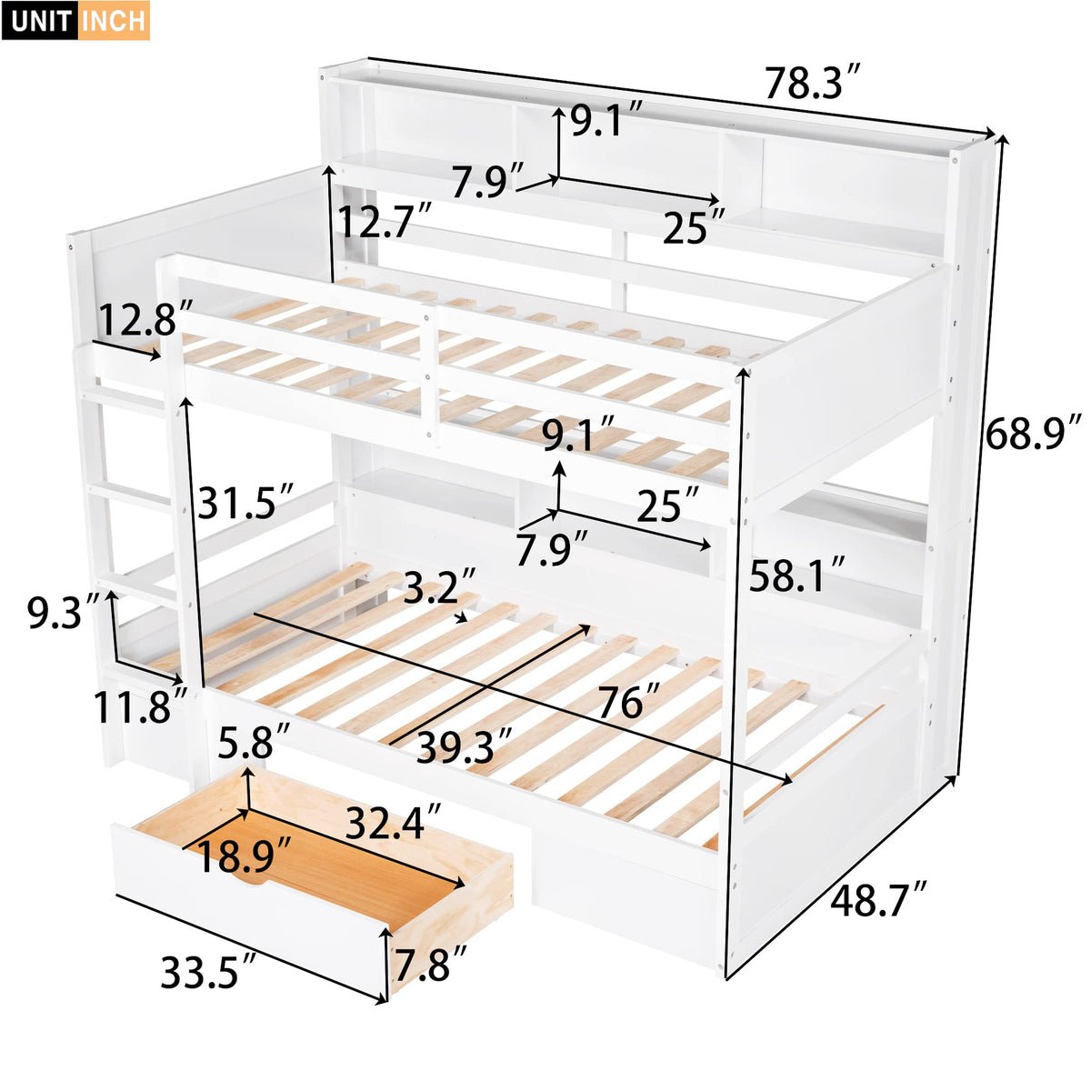 Twin Over Twin Wooden Bunk Bed with Shelves and Storage Drawer L6638