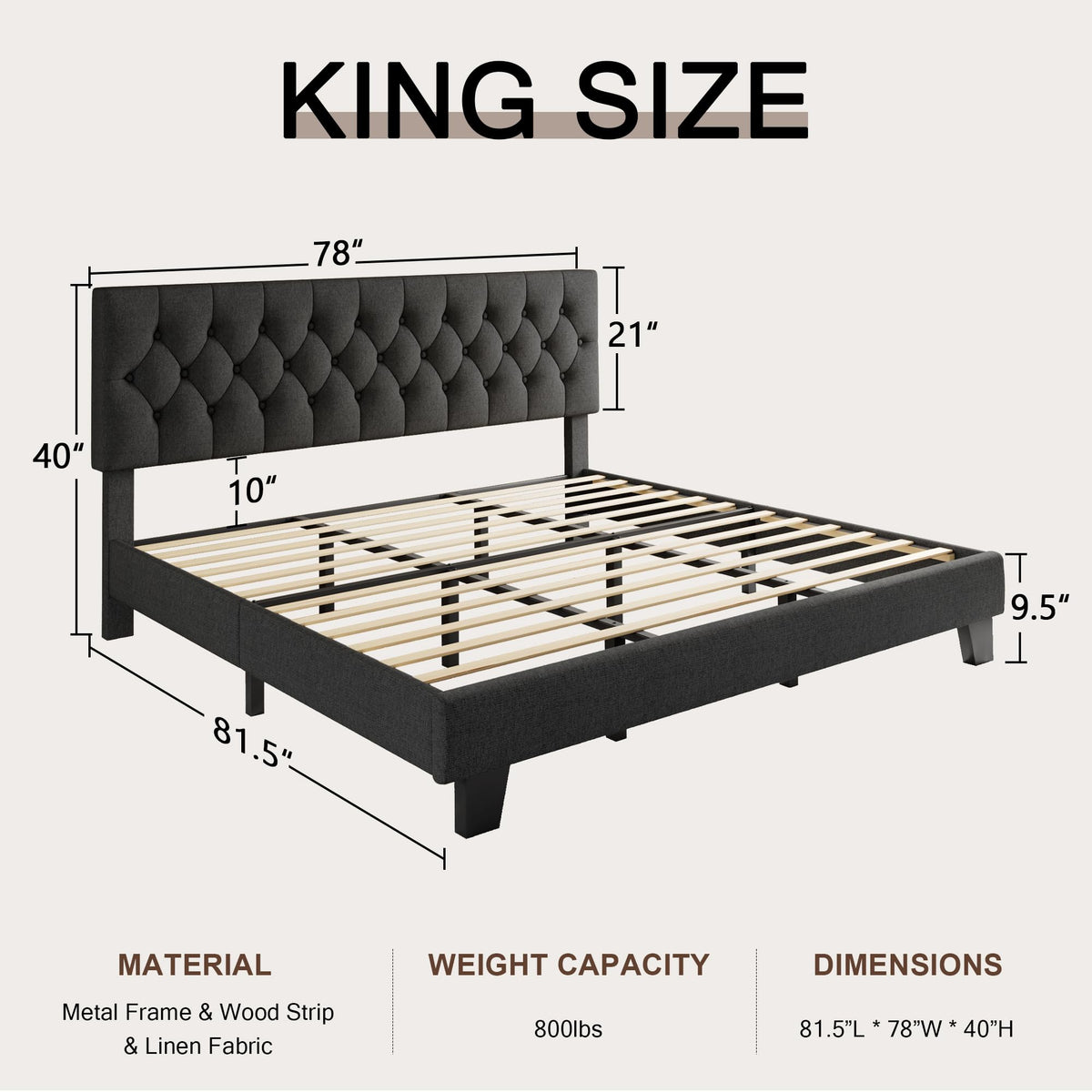 King Size Upholstered Platform Bed with Headboard A809