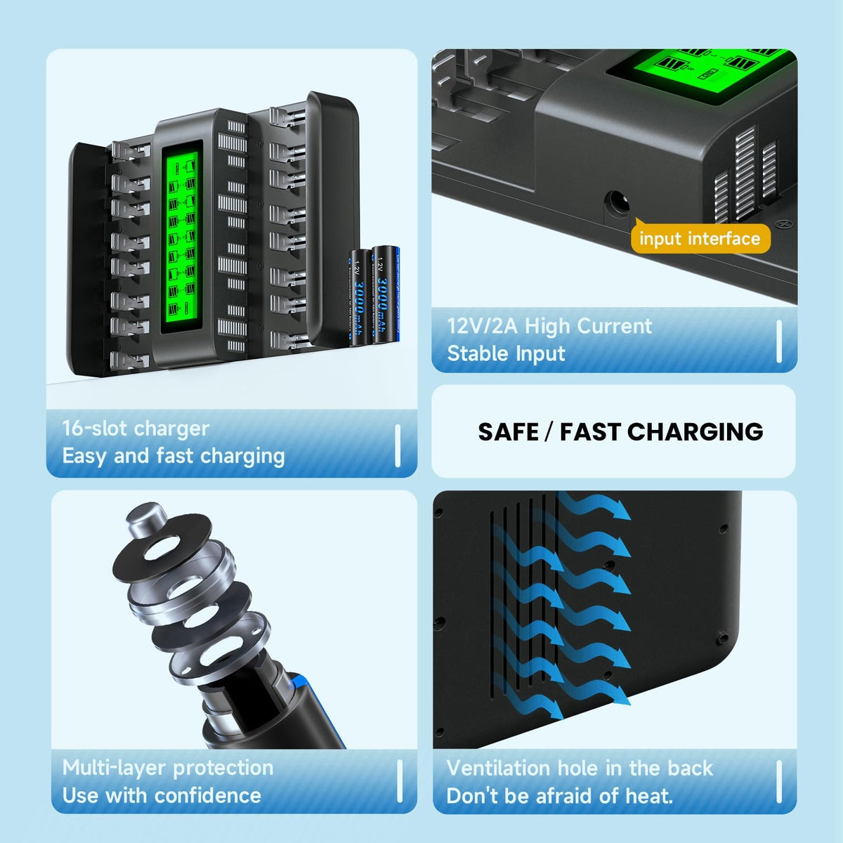 16 Bay Rechargeable Battery Charger with LCD Display P909286
