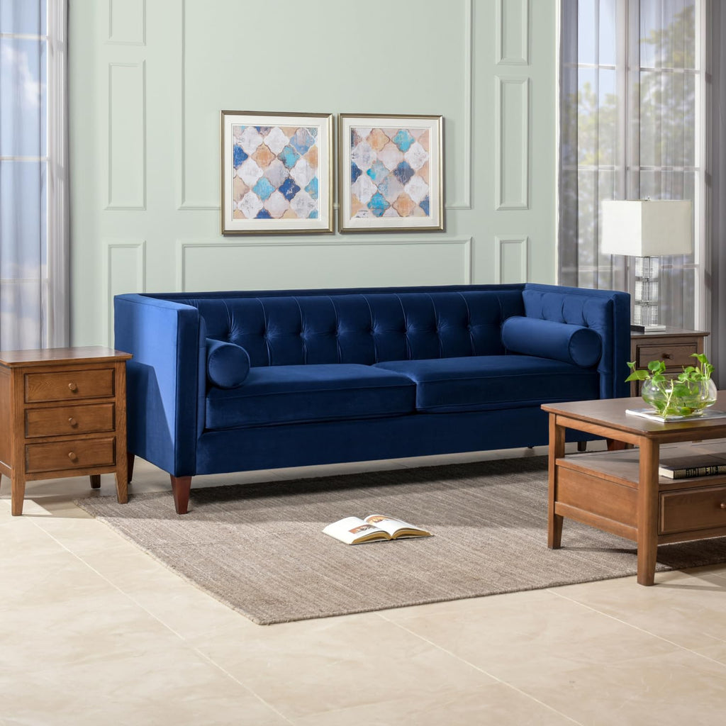 84" Tufted Navy Blue Velvet Sofa with Two Reversible Cushions N4227
