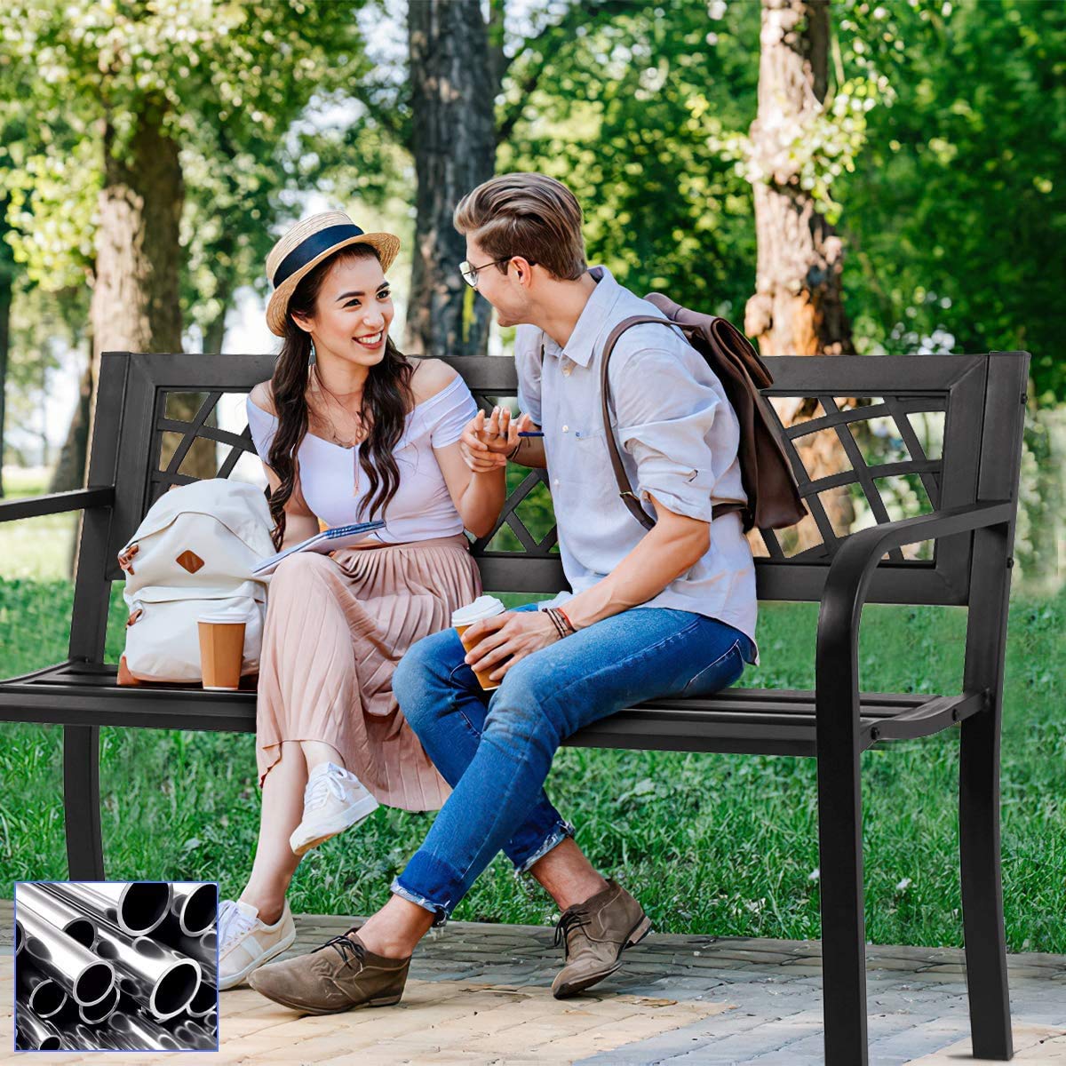 400 lbs Cast Iron Outdoor Bench with Black Checkered Design R672
