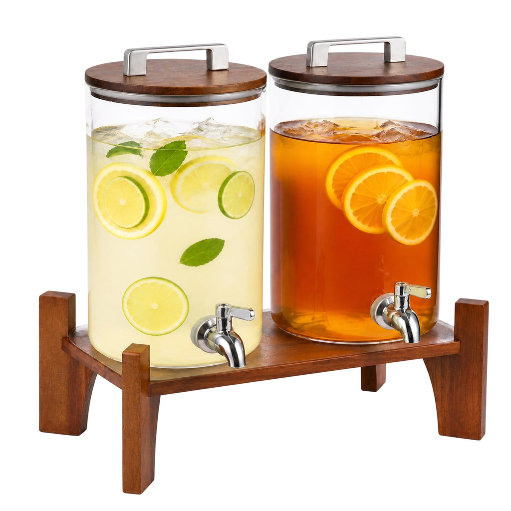 2 Pack 1 Gallon Glass Drink Dispensers with Acacia Wood Stand A4672