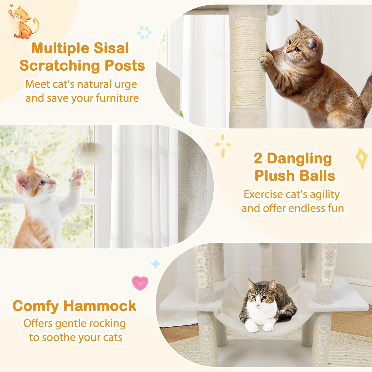 70 Inch Multi-Level Cat Tree with Sisal Scratching Posts and Condos N367157