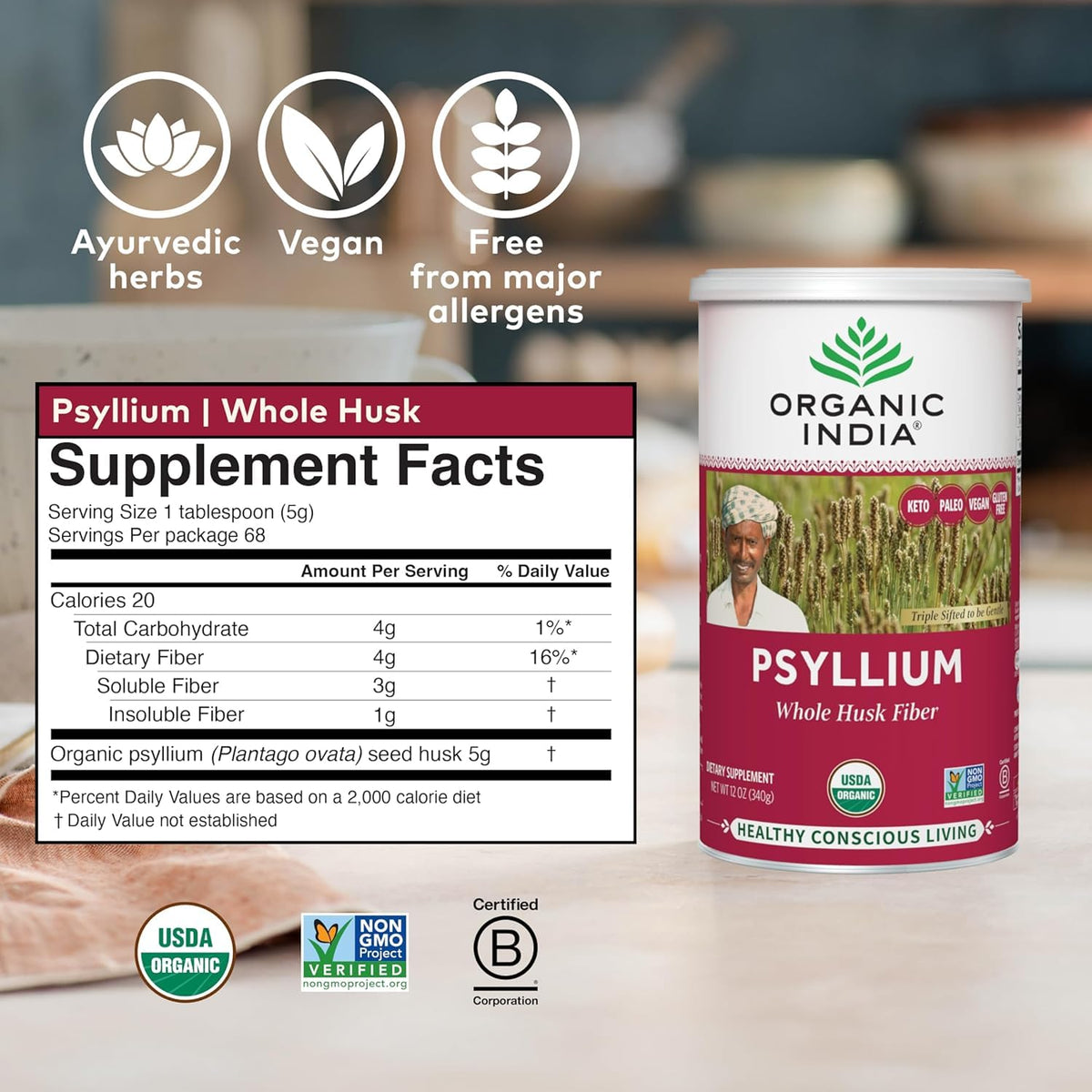 Whole Psyllium Husk Powder Organic Vegan 12 oz Z167