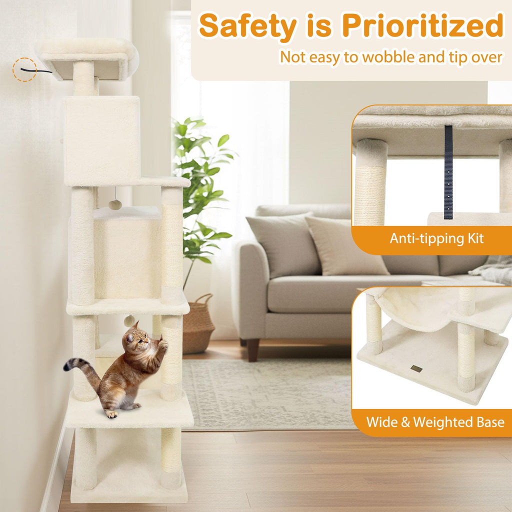 70 Inch Multi-Level Cat Tree with Sisal Scratching Posts and Condos N367157