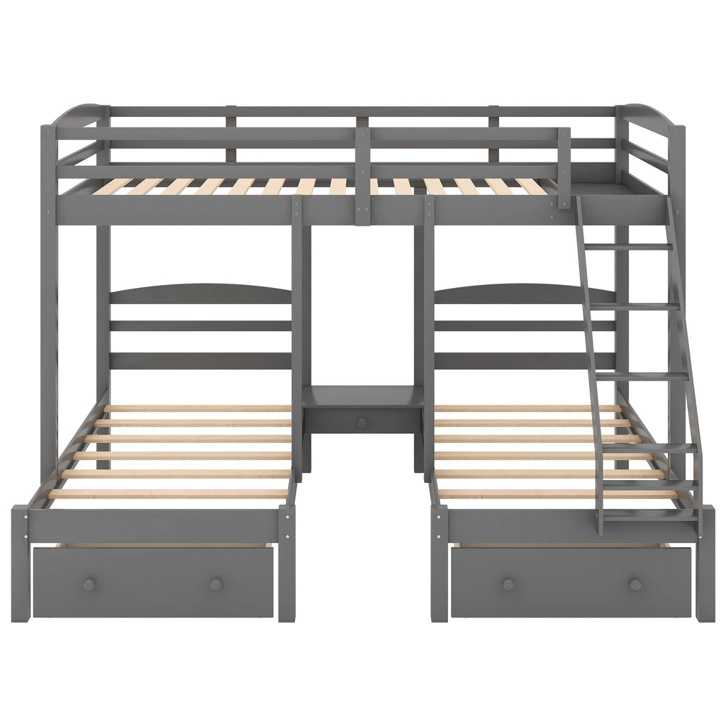 Full Over 2 Twin Wood Triple Bunk Bed with 3 Drawers and Guardrails Y42065