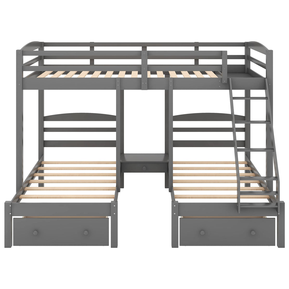 Full Over 2 Twin Wood Triple Bunk Bed with 3 Drawers and Guardrails Y42065