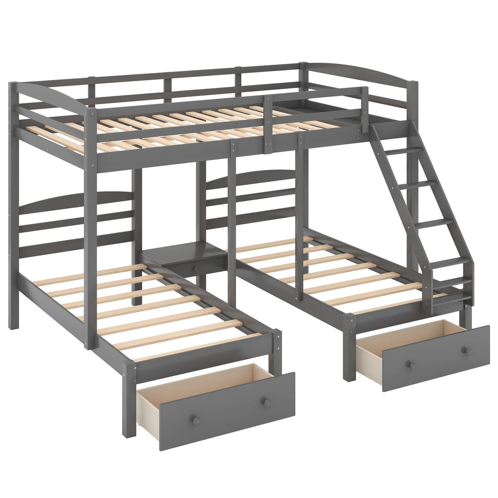 Full Over 2 Twin Wood Triple Bunk Bed with 3 Drawers and Guardrails Y42065