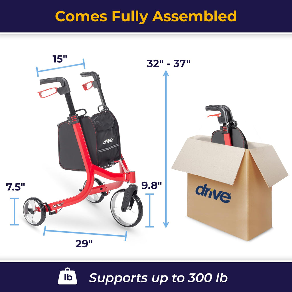 Red 3 Wheel Rollator Walker X2744