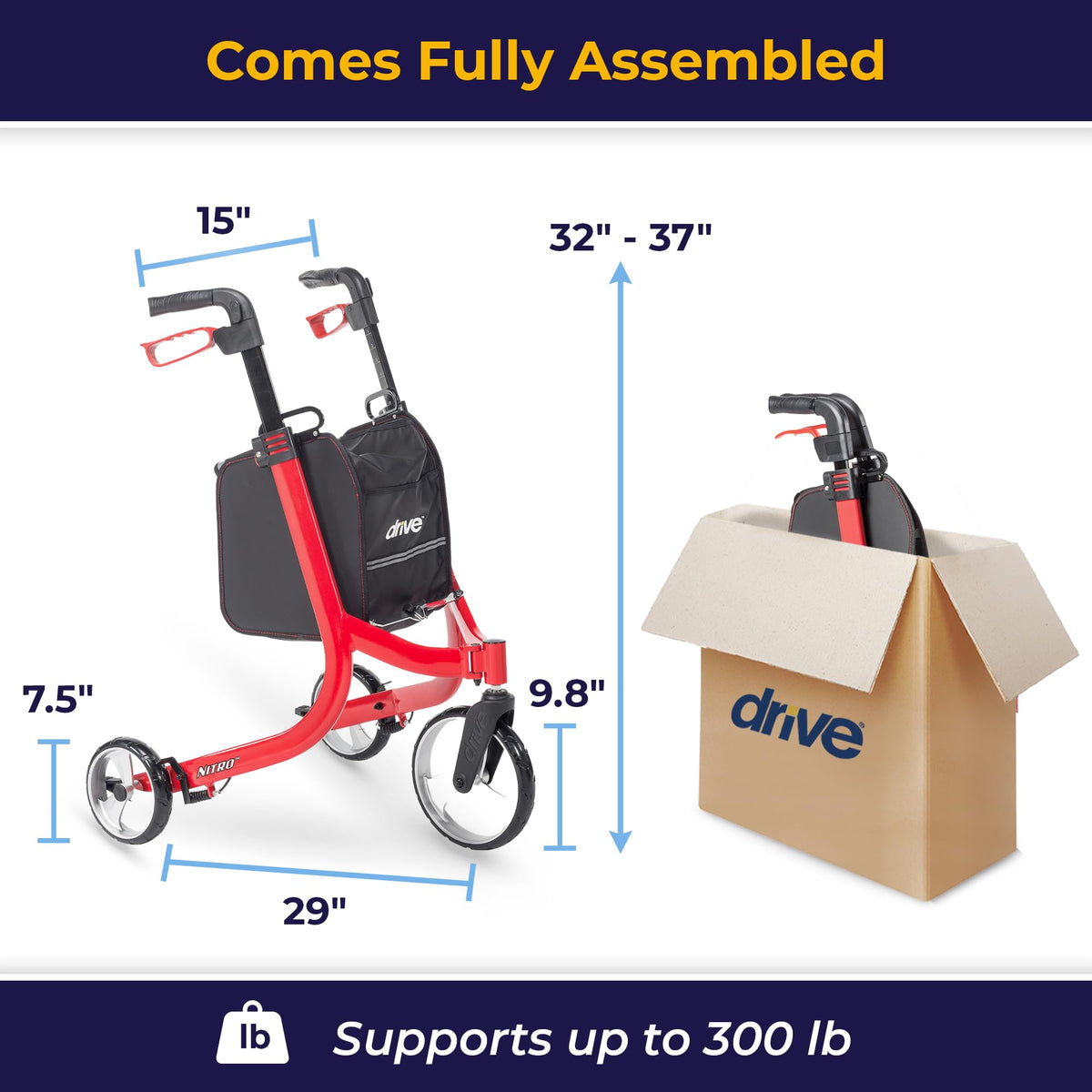 Red 3 Wheel Rollator Walker X2744
