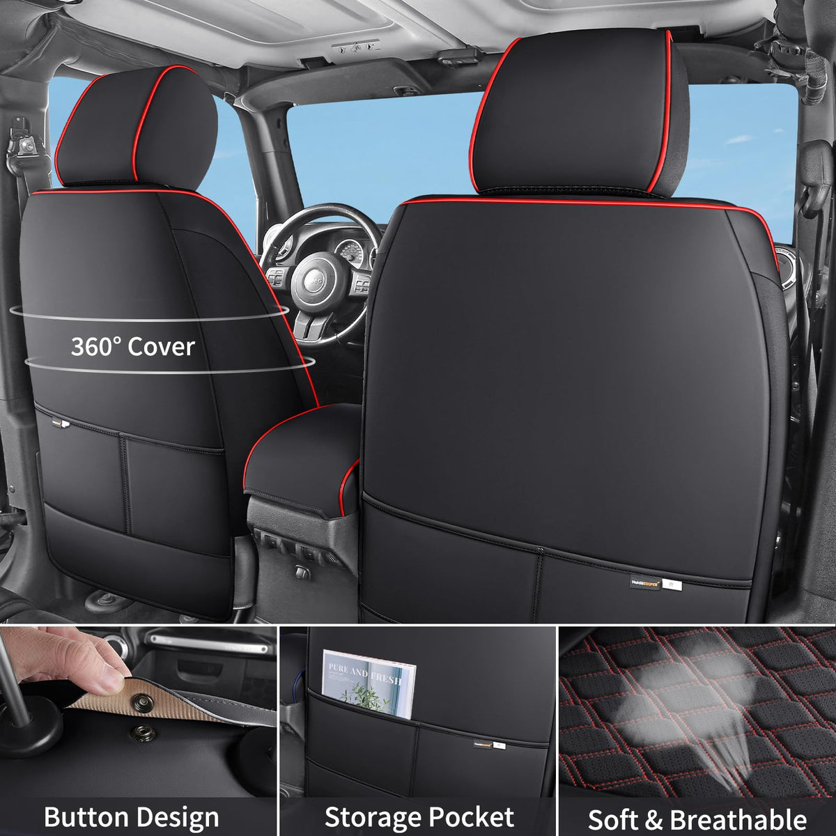 Waterproof Leather Seat Covers Full Set Black Red J462