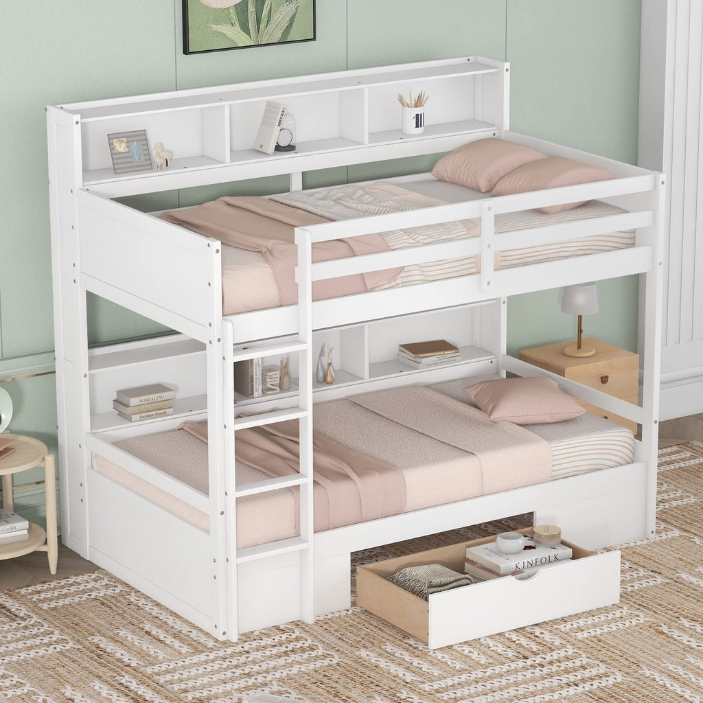 Twin Over Twin Wooden Bunk Bed with Shelves and Storage Drawer L6638