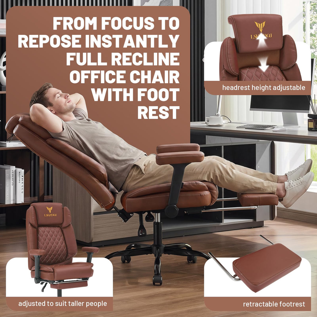 Big Tall Office Chair with Footrest Brown C8548