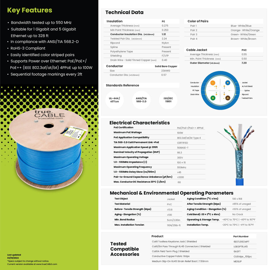 Cat6 Shielded Riser 1000ft Blue 23AWG Solid Bare Copper Ethernet Cable P1520
