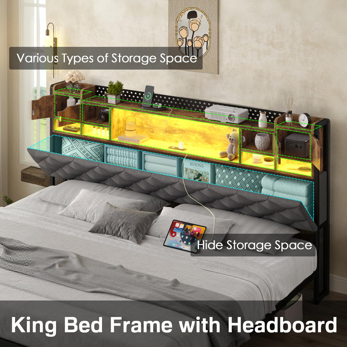 King Size Bed Frame with Storage & Upholstered Headboard M192849