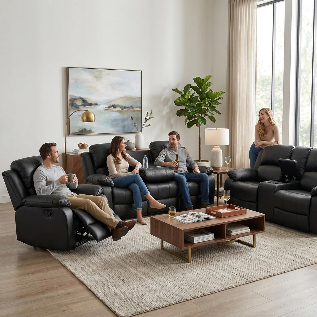 Black 3 Piece Leather Recliner Sofa Set with Cup Holders M214553