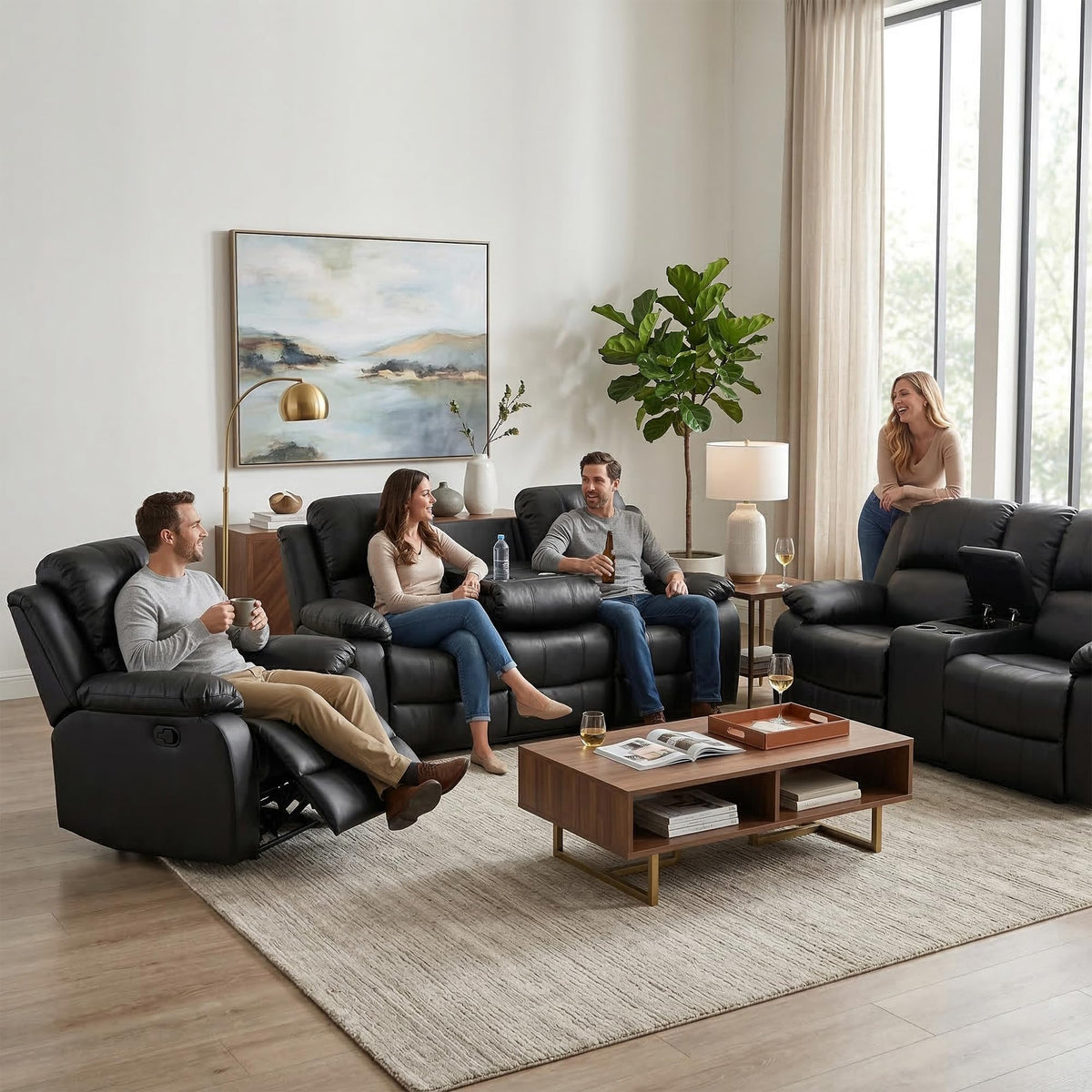 Black 3 Piece Leather Recliner Sofa Set with Cup Holders M214553