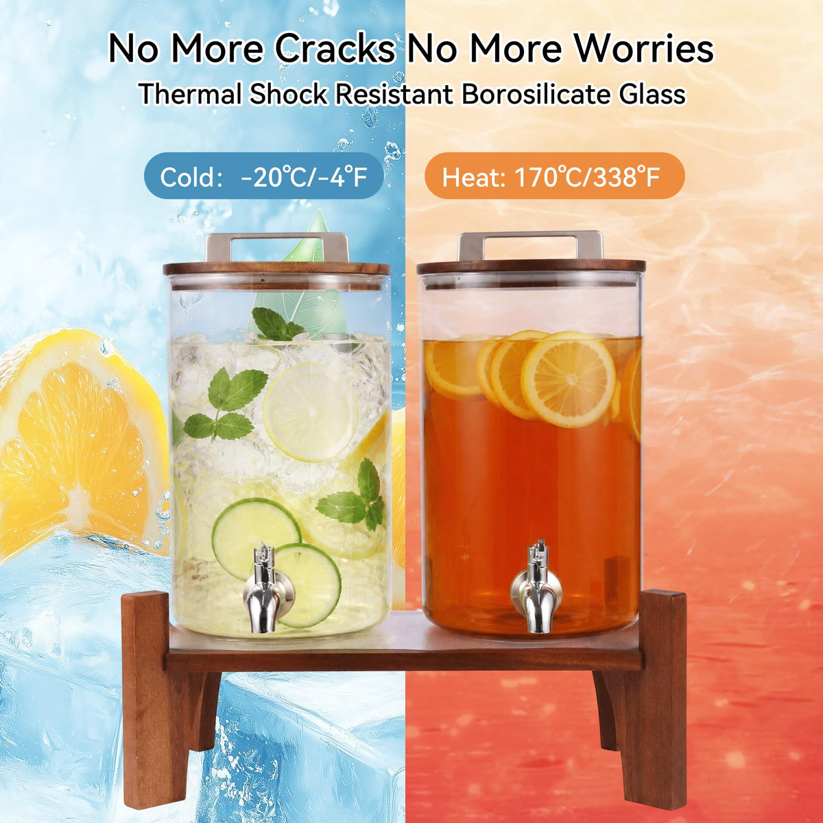 2 Pack 1 Gallon Glass Drink Dispensers with Acacia Wood Stand A4672