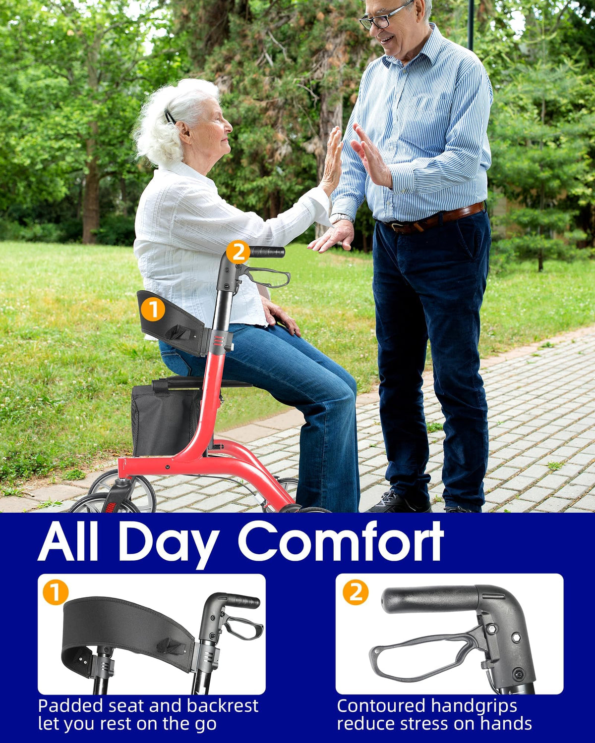 Foldable Rollator Walker with Seat, 19 lbs Lightweight, 10-Inch Wheels A340854