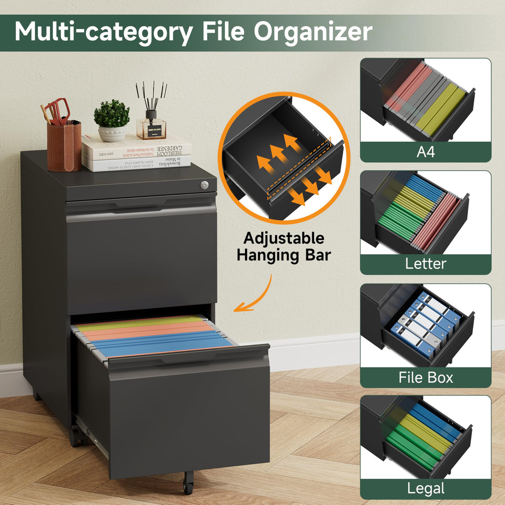 Black 2 Drawer Metal Rolling File Cabinet with Lock H6951