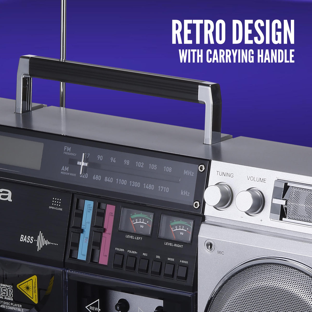 Retro Boombox CD Player with Cassette Recording, Bluetooth, FM/AM Radio, USB/SD/AUX Inputs, Dual 40W Speakers C159