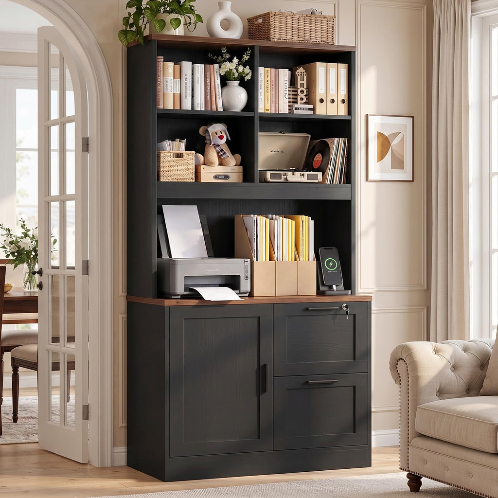 Black Vertical File Cabinet Bookcase with Printer Stand P64834