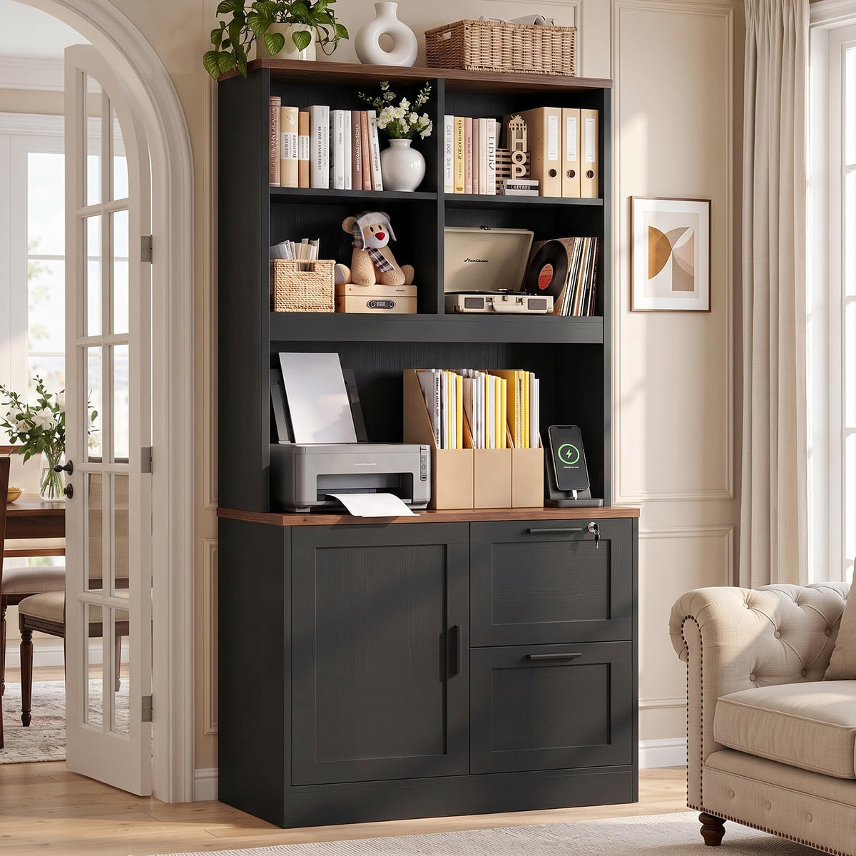 Black Vertical File Cabinet Bookcase with Printer Stand P64834