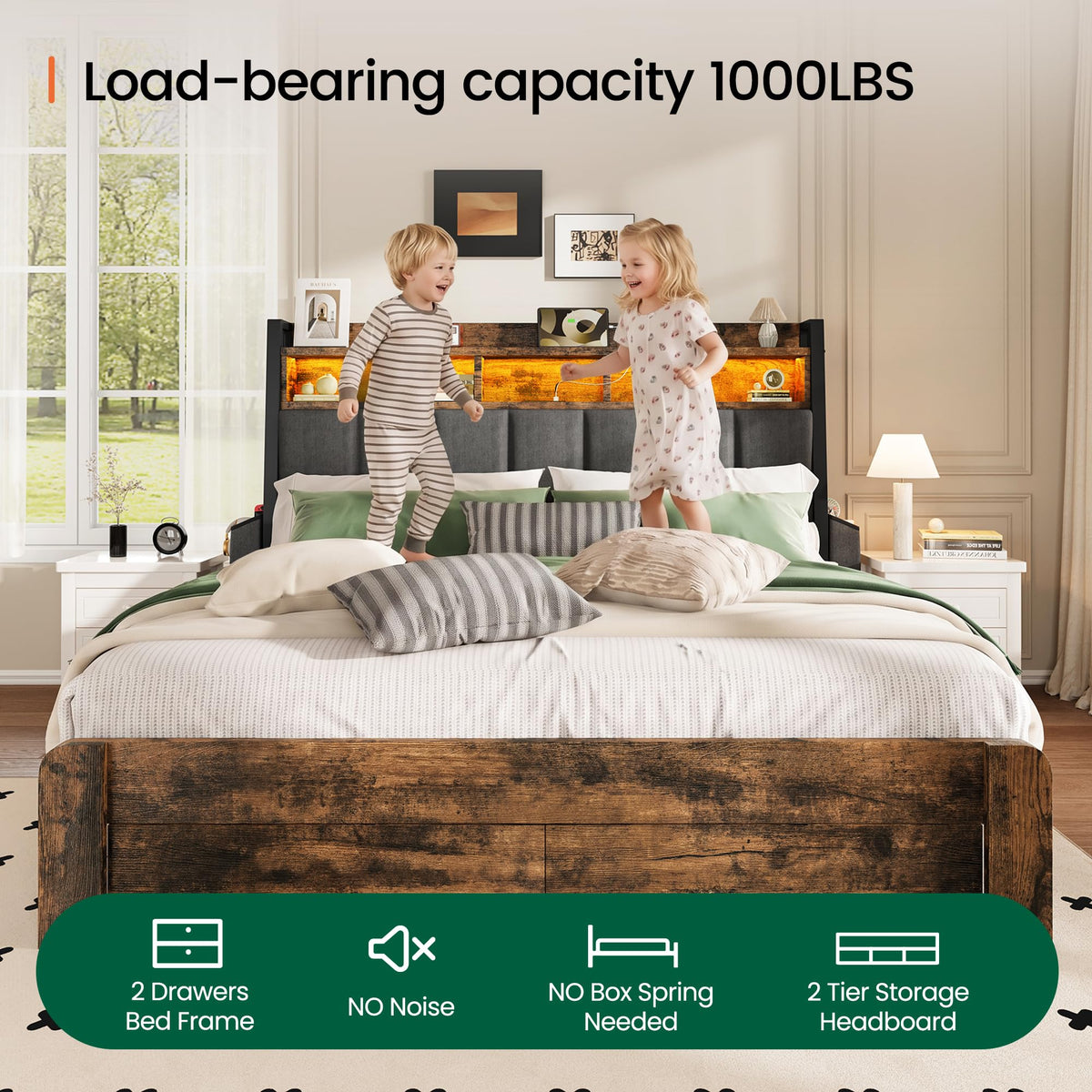 King Size Upholstered Bed Frame with 2 Storage Drawers and Charging Station T931