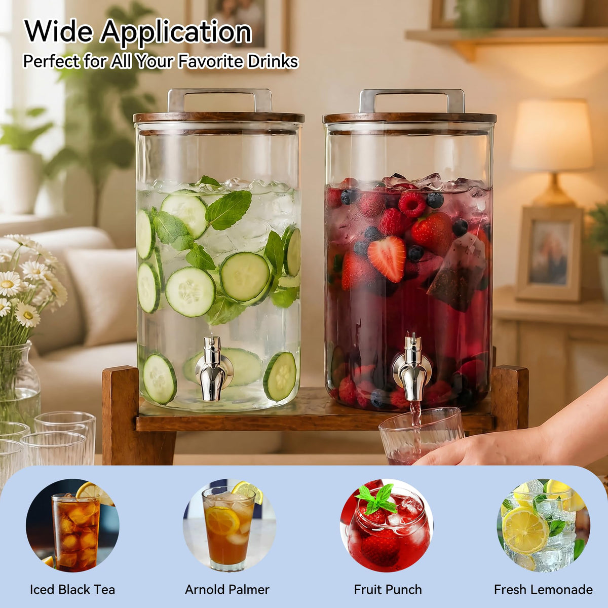 2 Pack 1 Gallon Glass Drink Dispensers with Acacia Wood Stand A4672