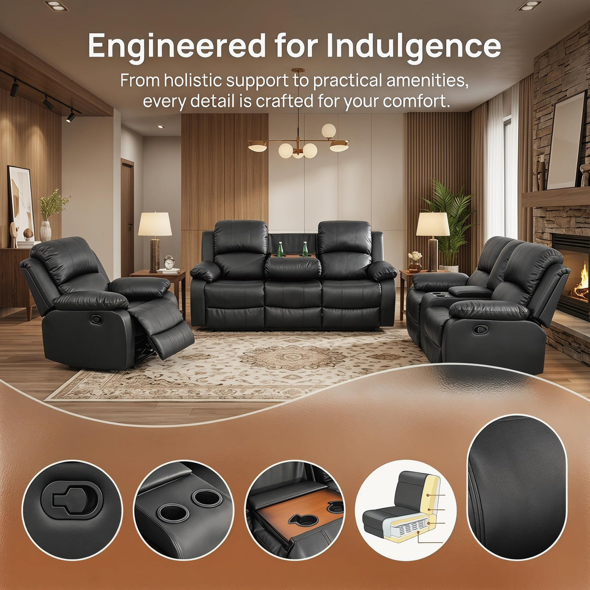 Black 3 Piece Leather Recliner Sofa Set with Cup Holders M214553