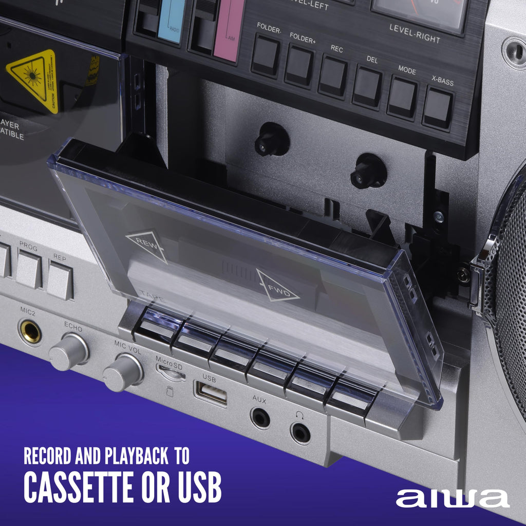 Retro Boombox CD Player with Cassette Recording, Bluetooth, FM/AM Radio, USB/SD/AUX Inputs, Dual 40W Speakers C159