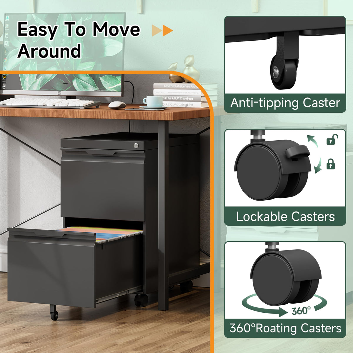 Black 2 Drawer Metal Rolling File Cabinet with Lock H6951
