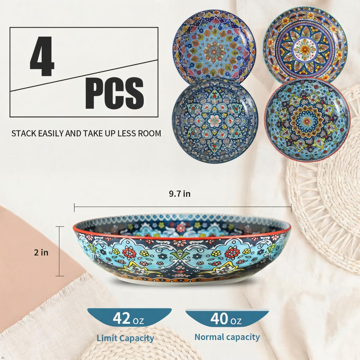 Pasta Bowls Set of 4, 42 oz Ceramic Serving Bowls X480738