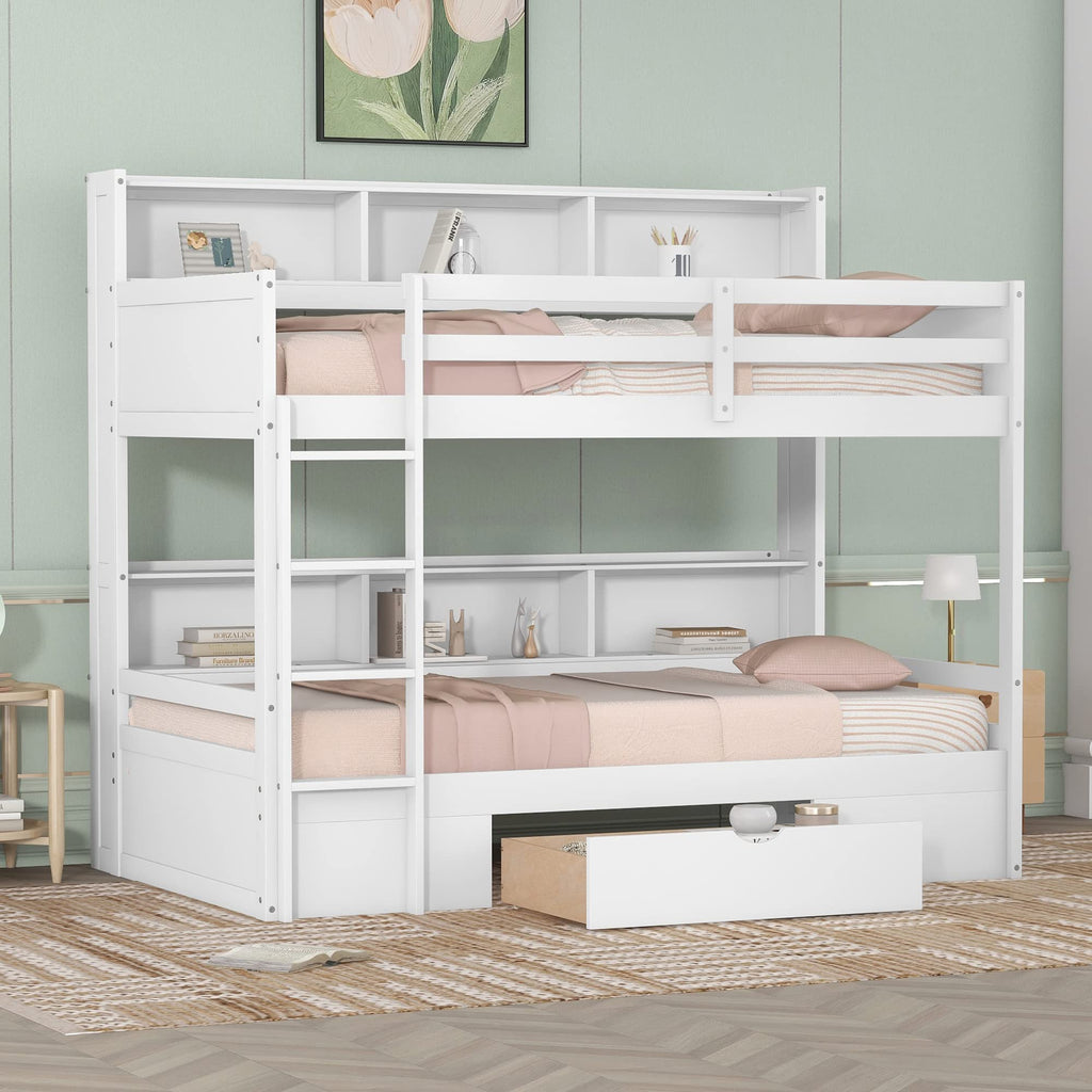 Twin Over Twin Wooden Bunk Bed with Shelves and Storage Drawer L6638