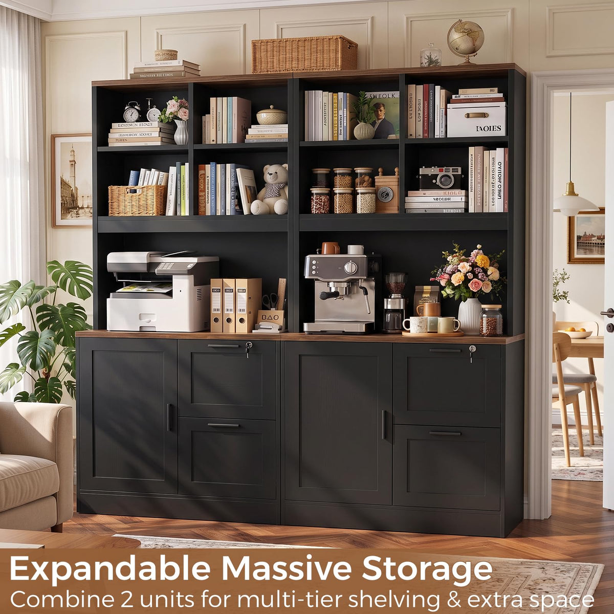 Black Vertical File Cabinet Bookcase with Printer Stand P64834