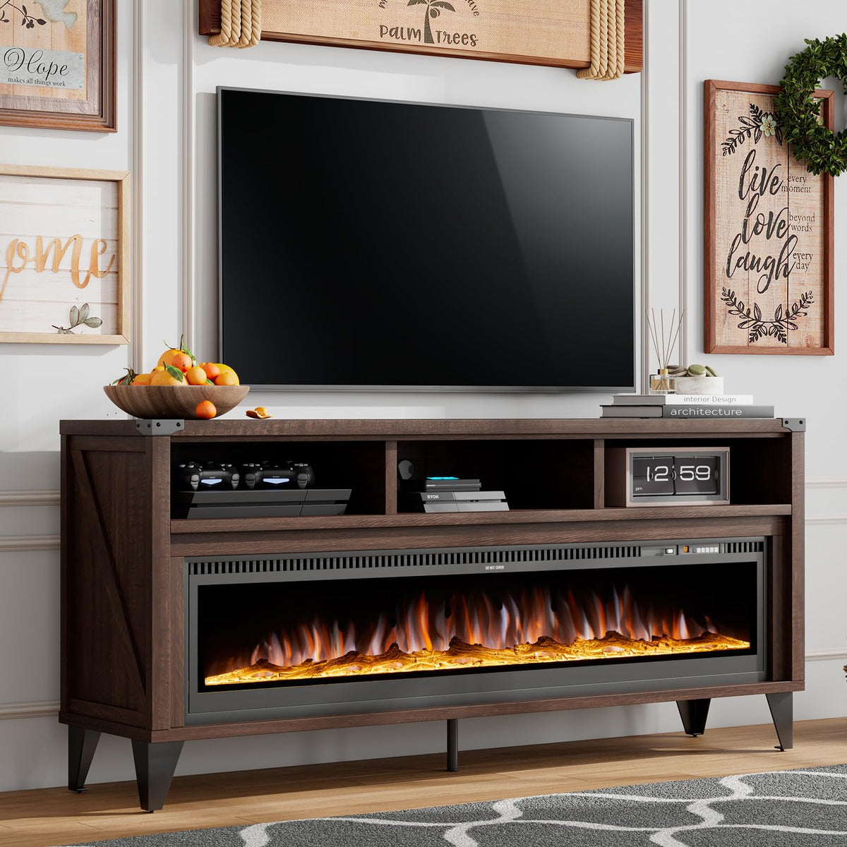 65" Fireplace TV Stand with 60" Glass Electric Fireplace X137