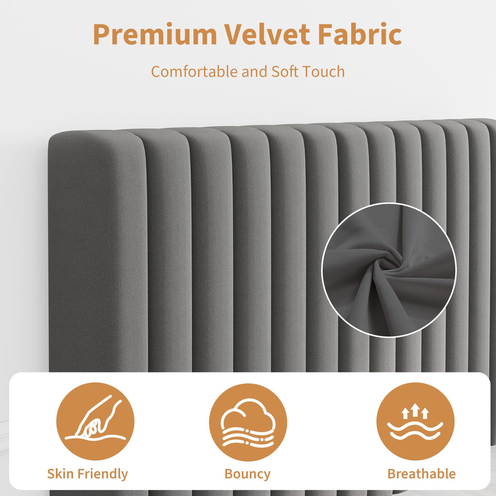 Twin Velvet Upholstered Platform Bed with Adjustable Headboard S1583