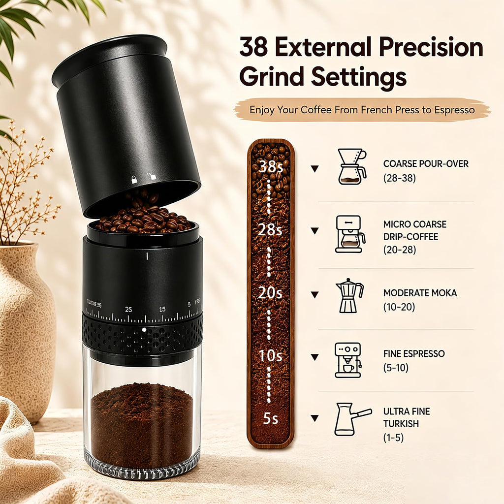 Portable Electric Coffee Grinder, Stainless Steel Conical Mill, USB-C Cordless, 38 Adjustable Grind Settings O11858