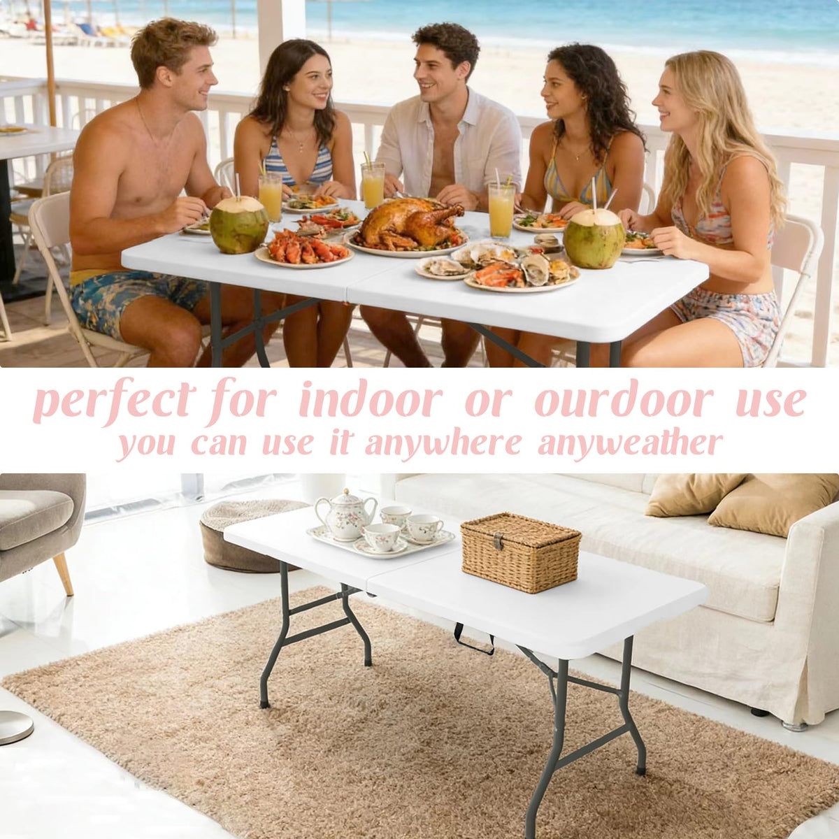 2 Pack 6 Feet Portable Folding Table White Plastic U5185