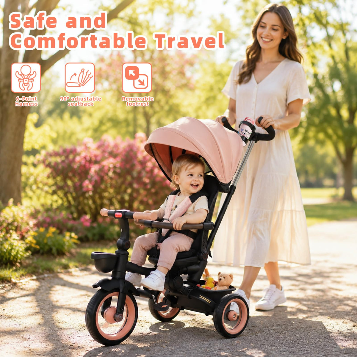 7-in-1 Tricycle Stroller with Push Handle, Rotating Seat, UV-Proof Canopy, Non-Pneumatic Wheels, Dual Brakes and Storage G168